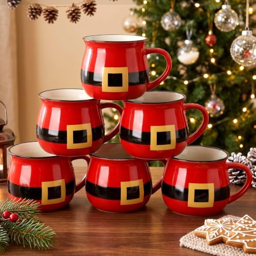 Vesici 6 Pcs Christmas Ceramic Mugs Bulk Red Santa Christmas Coffee Cups by Vesici