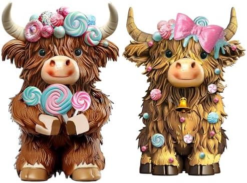 2 Pack Highland Cow Resin Figurine Decor Macarons Candy Theme by Burbell