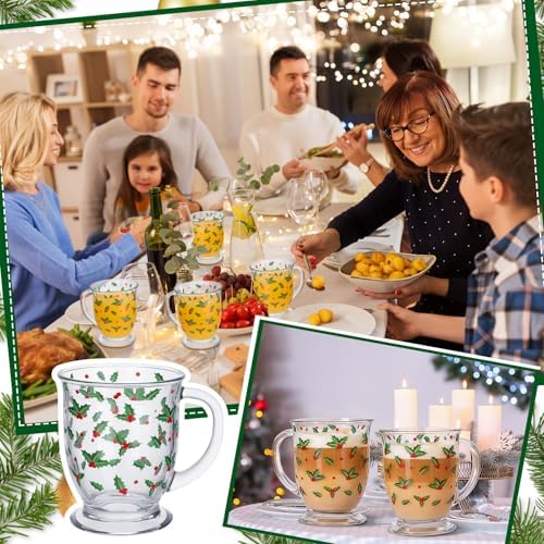 FoldTier Set of 4 Christmas Glass Coffee Mugs 12 oz Clear Holly Leaf and Berry Coffee Cups with Handle Thick Base Xmas Glass Mugs for Christmas Winter Holiday Milk Hot Cocoa Party Decor - Image 5