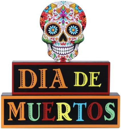 MEETYAMOR Day of the Dead Decor, Wood Block Sugar Skull Dia De Los Muertos Decorations with DIA DE MUERTOS Sign, 3-Layered Wooden Skeleton Decor for Altar, Ofrenda, Home, Table, Mexican Fiesta by MEETYAMOR