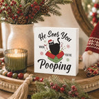 Christmas Bathroom Decor, Funny Black Cat Christmas Decorations, Santa Hat Box Bathroom Table Decoration He Sees You When You're Pooping Wooden Box Sign, Home Shelf Desk Decor for Toilet 5x5 Inches - Image 3