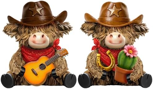 2 Pcs Resin Highland Cow Figurines Decor, Western Cowboy Style by Burbell