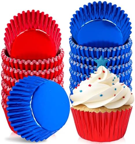 JarThenaAMCS 200Pcs Red Blue Foil Cupcake Liners July 4th Patriotic Metallic Baking Cups Independence Day Cupcake Wrappers Muffin Liners for 250th Anniversary Memorial Day Veterans Day Party Supplies by JarThenaAMCS