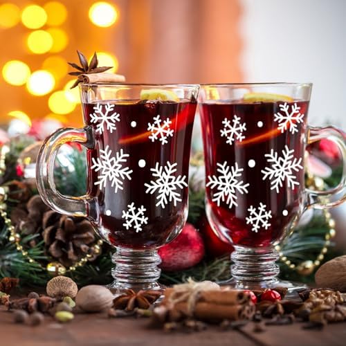 Sliner Set of 6 Christmas Glass Coffee Mugs with Handle 8 oz Clear Irish Coffee Mugs Footed Irish Glasses Xmas Glasses Winter Holiday Cups for Beverages Latte Hot Chocolate(6 Pcs,Snowflake) - Image 5