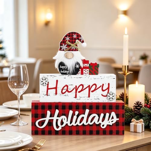 MEETYAMOR Christmas Decor, Large Size 3-Layered Gnome Wood Block with Happy Holidays Sign Christmas Table Decor, Farmhouse Rustic Xmas Decorations Indoor for Home, Mantle, Shelf, Living Room - Image 2