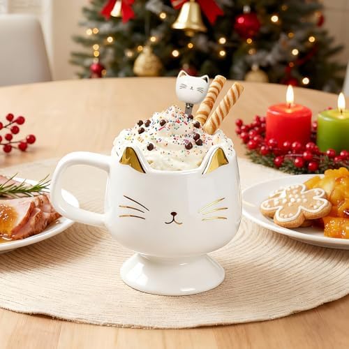 Christmas Mugs High-Footed Ceramic Cat Mug – 13.5oz Unique Coffee Cup with kitty Expression Design, Fun Gift for Women, Girls, Kids, Cat Lovers (white) - Image 3