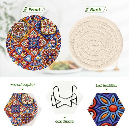 YETTASBIN Mexican Talavera 6 Pcs Drink Coasters with Holder, Cotton Woven Absorbent Heat-Resistant Round Coaster Non-Slip Table Mat for Kitchen Bar Home Decor Housewarming Gift, 3.9 in - Image 4