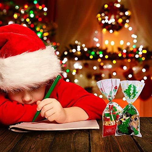 LOKIPA 200 Pcs Christmas Cellophane Treat Bags, Xmas Clear Cello Gift Bags Candy Goodies Bags with Twist Ties for Christmas Party Supplies - Image 7