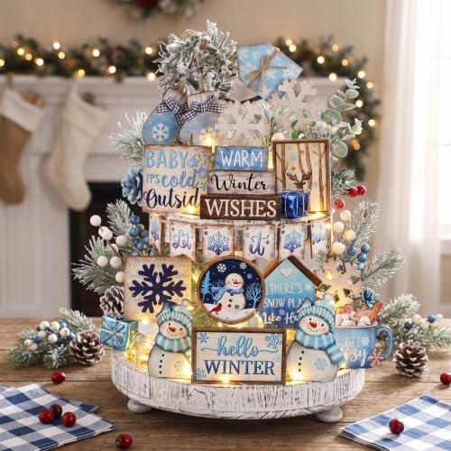 Shellwei 23 Pcs Christmas Tiered Tray Decor Set, Blue Snowman Wood Signs - Image 2