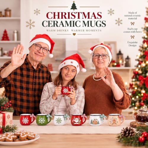 Potchen 6 Pcs 5 oz Christmas Coffee Mugs with Ribbons,Charming - Image 5