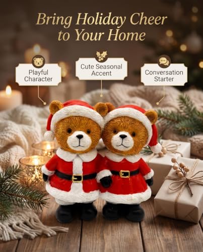 Christmas Decoration Indoor Duo Teddy Bear Figurine - Resin Santa Bears Couple Statue, Festive Winter Tabletop Decor, Holiday Mantel Tiered Tray Accent for Home Decor - Image 6