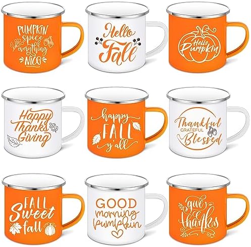 Mumufy 9 Pcs Fall Coffee Mugs, 12 oz, Thanksgiving Enamel Mugs with Handle by Mumufy
