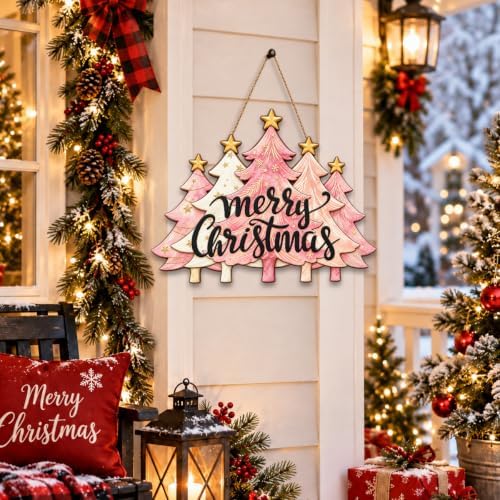 Christmas Decorations Pink Pine Tree Merry Christmas Hanging Wooden Sign - Image 4