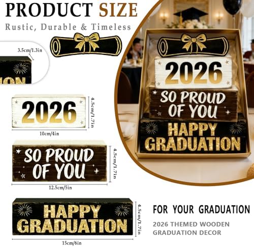 2026 Graduation Table Decorations Class of 2026 Senior Tiered Tray Decor Wooden Happy Graduation Signs Farmhouse Congrats Grad Tabletop Party Centerpiece for Tables Wooden Sign for Home Decor - Image 4