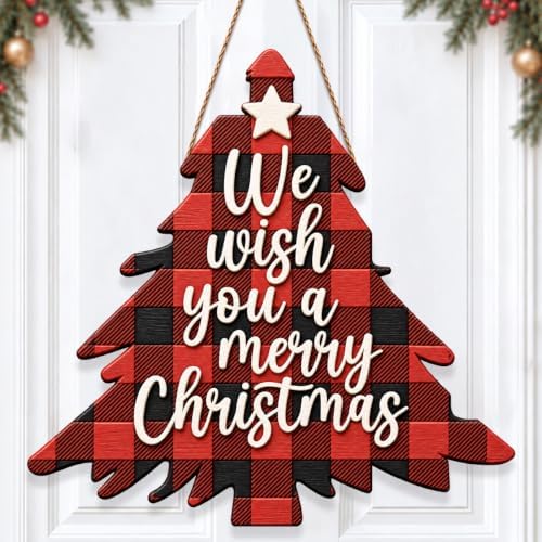 Christmas Decorations Buffalo Plaid Christmas Tree Wooden Hanging Sign by GUDIO