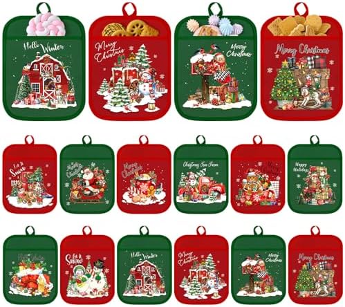 Jingmore 12 Pcs Christmas Pot Holders with Pocket Red Green Pot Holders for Kitchen Santa Claus Snowman Hot Pads and Oven Mitts Cute Farmhouse Oven Gloves Gift for Christmas Winter Baking Cooking by Jingmore