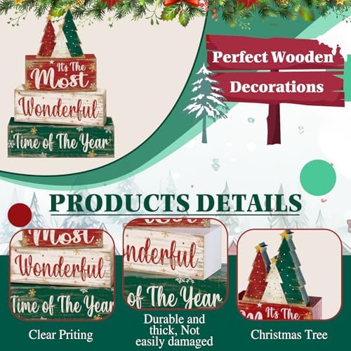 Moucuny 4 Pcs Christmas Tree Table Decorations Xmas Wooden Blocks Signs - Image 4