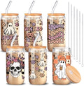 SiliFine 6 Pcs Halloween Glass Cups, 16 oz with Lids and Straws by SiliFine