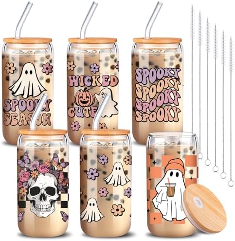 SiliFine 6 Pcs Halloween Glass Cups, 16 oz with Lids and Straws by SiliFine