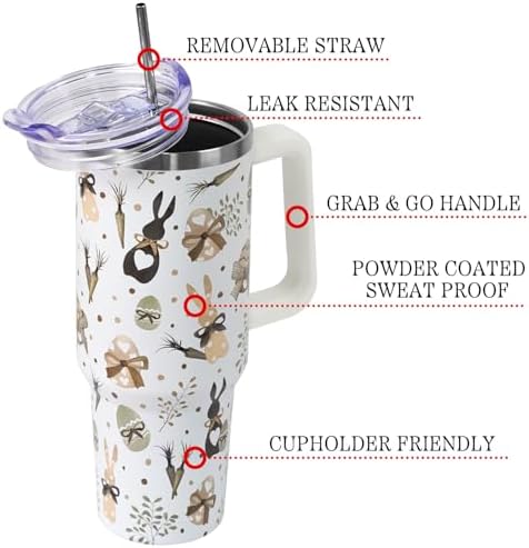 Easter Tumbler with Handle and Straw Lid 40 oz,Cute Easter Spring Gift for Women Men Bunny Rabbit Eucalyptus Eggs Carrots Vacuum Insulated Leak Proof Stainless Steel Coffee Cup Mug - Image 3
