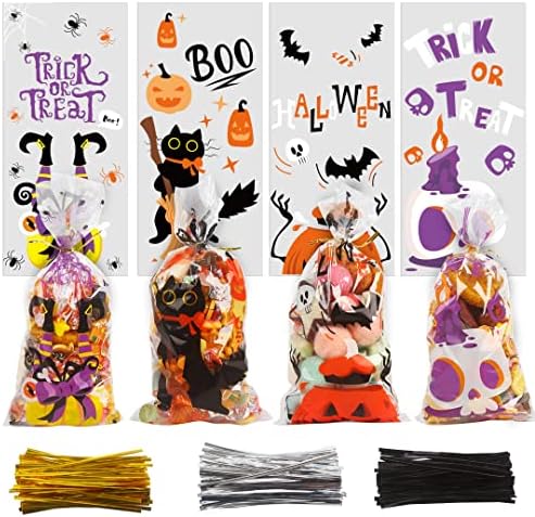 CCINEE Halloween Cellophane Treat Bags, 200pcs Clear Cello Candy Bags with Twsit for Halloween Trick or Treat Party Supply by CCINEE