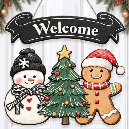 Christmas Decorations Snowman Gingerbread Christmas Tree Welcome Wood Sign by GUDIO