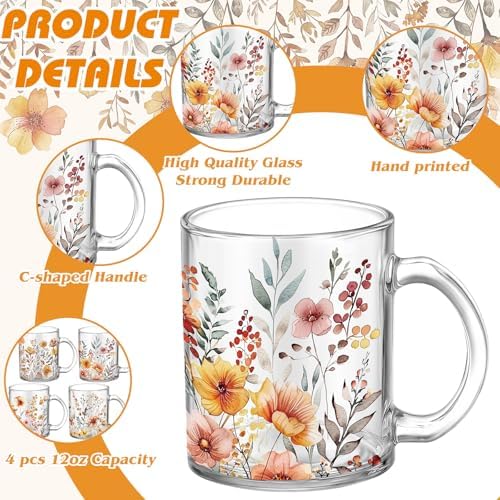 Tioncy 4 Pcs Fall Floral Glass Coffee Mugs 12 oz - Image 3
