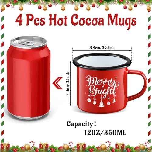 Christmas Enamel Mug Set of 4, 12 oz Hot Cocoa Mugs Christmas Coffee Mugs with Quotes Holiday Mus Stocking Stuffer Xmas Gift for Kids Women Friends Coworkers Family(Red&Quotes) - Image 2