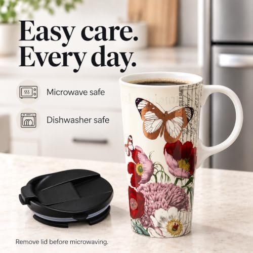 Topadorn 17oz Ceramic Travel Mug with Lid, Vintage Butterfly Floral Mug - Image 4