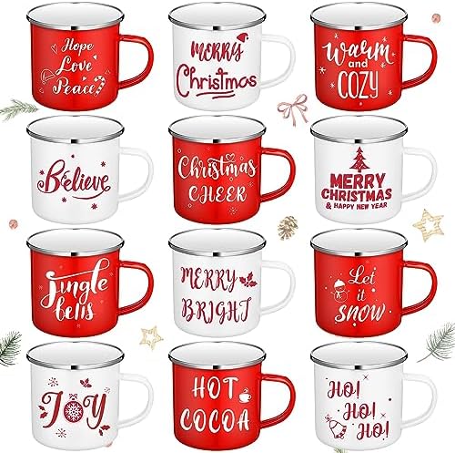 Christmas Coffee Mug Set of 12, 12 oz Red White Enamel Cup, Believe by Suttmin