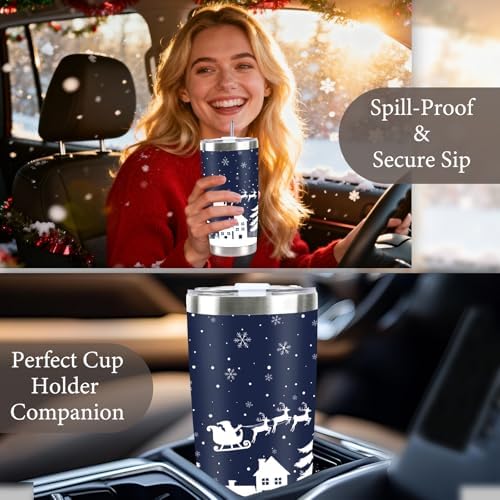 2025 Christmas Gifts for Women and Men, 20 oz Dark Blue Stainless Steel Christmas Coffee Tumblers with Lid and Straw, Snowflake Insulated Coffee Travel Mug for Women Men Teachers Coworkers - Image 7