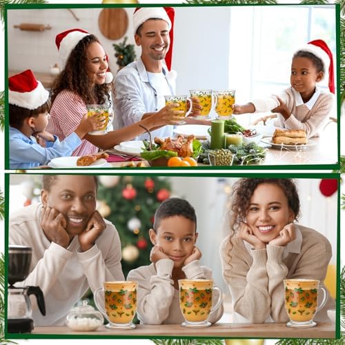 FoldTier Set of 4 Christmas Glass Coffee Mugs 12 oz Clear Holly Leaf and Berry Coffee Cups with Handle Thick Base Xmas Glass Mugs for Christmas Winter Holiday Milk Hot Cocoa Party Decor - Image 4