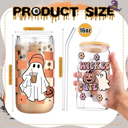 SiliFine 6 Pcs Halloween Glass Cups, 16 oz with Lids and Straws - Image 3