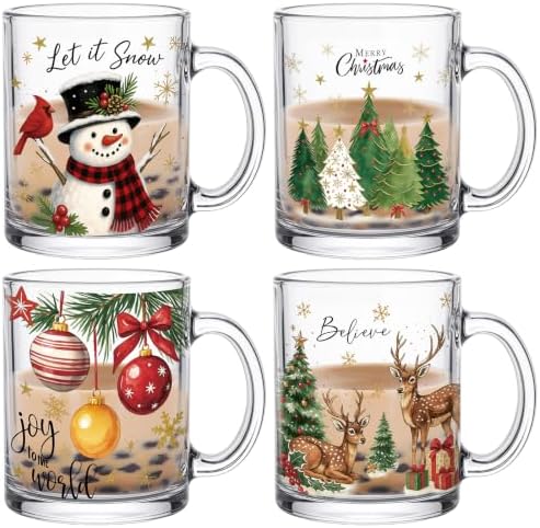 Tioncy 4 Pcs Christmas Glass Coffee Mugs 12 oz by Tioncy