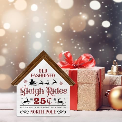 Rustic Christmas Sleigh Decor, Sleigh Rides House Shaped Wooden Sign - Image 6