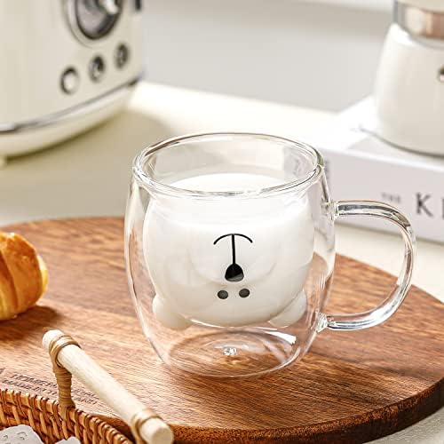 Binoster Bear Cute Mugs Kawaii Double Wall Glass Coffee Tea Mill Yogurt Cup Funny Novelty Gift for Women Her Friends Office Birthday Christmas (Bear with handle) - Image 4