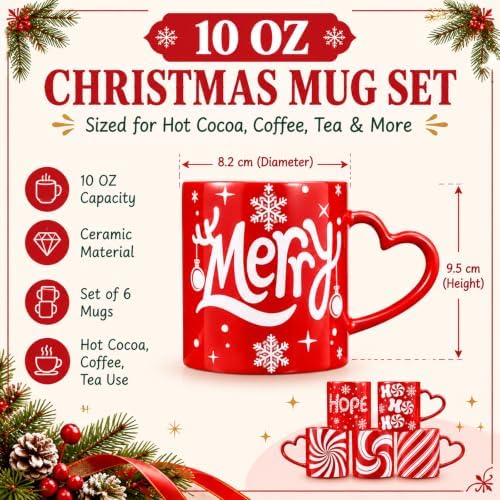 Christmas Mugs Set of 6 with Heart Handles, 10 oz Ceramic Cups - Image 2