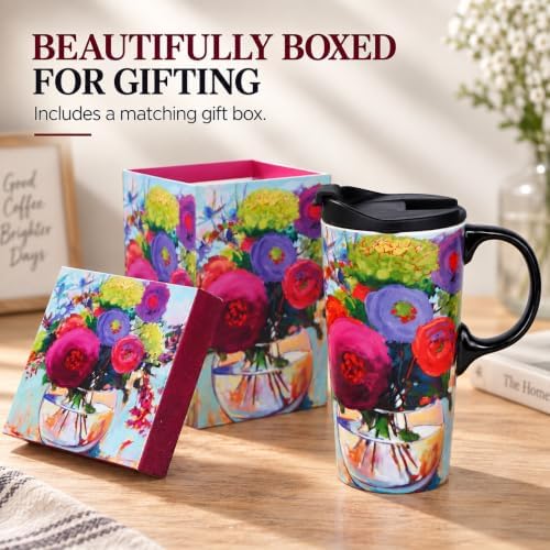 Topadorn 17oz Ceramic Travel Mug with Lid, Floral Coffee Mug with Gift Box - Image 7