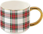 Sweet Water Decor White Plaid Coffee Mug, 14oz China Christmas Mug with Gold Handle, Large Holiday Winter Cup for Coffee, Tea & Hot Chocolate, Stocking Stuffer Gifts for Women by SweetWaterDecor