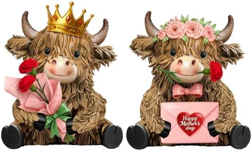 2 Pcs Resin Highland Cow Figurine Decor by Burbell