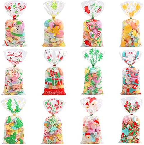 CCINEE Christmas Cellophane Bags,Xmas Assorted Treat Bags with Twist Ties Candy Cookie Bags for Party Supplies,144PCS by CCINEE