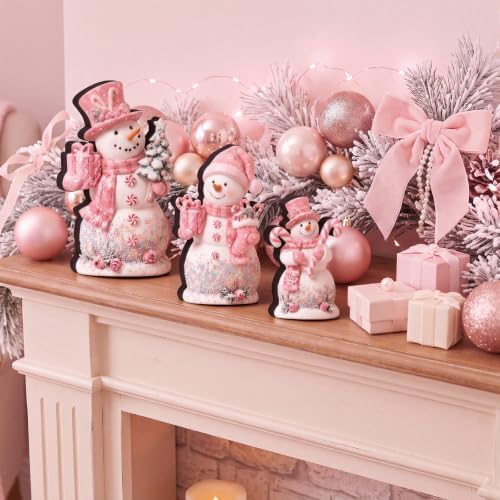 Suzile 3 Pcs Christmas Pink Candy Snowman Decoration Wooden Indoor Decor - Image 6