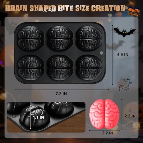 HKNMTT Halloween Brain Silicone Molds 2 Pack 6 Cavity, Spooky Brain Shape Baking Tray for Chocolate Candy Wax Melts Tarts Cupcake Pizza Cake Oven Safe Food Grade Moulds for Kids Party DIY Fun - Image 3