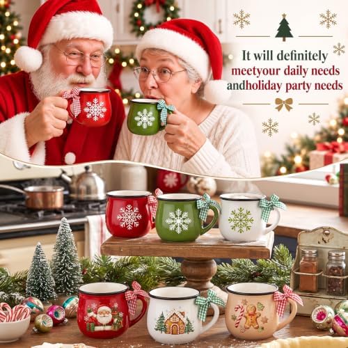 Potchen 6 Pcs 5 oz Christmas Coffee Mugs with Ribbons,Charming - Image 4