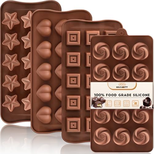 HKNMTT Chocolate Molds Silicone for Hard Candy Butter, 4 Pcs Small Bite Size Heart Star Sqaure Shapes Truffle Caramel Mould, Homemade Wax Melts Food Grade Baking Set Oven Safe Kit by HKNMTT