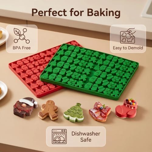 2Pcs Christmas Silicone Molds - 144-Cavity Mini Christmas Candy Molds with Gingerbread Man Santa Claus molds for Chocolate Candy Fondant CupcakeGummy Mold for Baking - Image 2