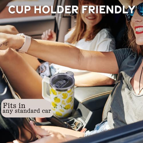 Floral Lemon Tumbler with Handle and Straw Lid 40 oz,Cute Spring Summer Gift for Women Men Friends Boho Flowers Vacuum Insulated Leak Proof Stainless Steel Coffee Cup Mug - Image 6