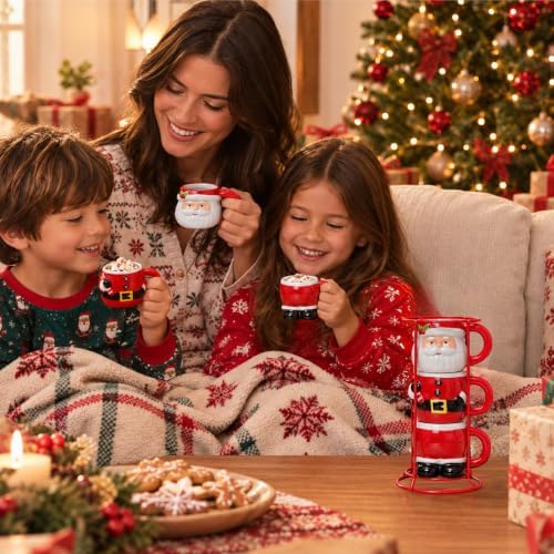 Santa Claus Stacking Ceramic Mug Set with Metal Rack - Image 5
