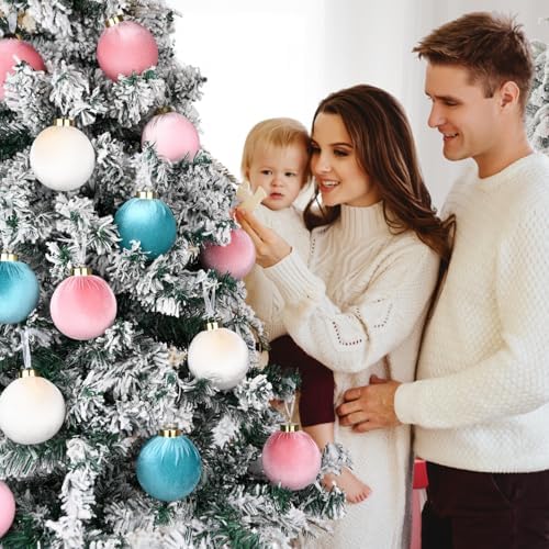 Velvet Christmas Ornaments Balls for Tree - 15pcs Pink & Teal Christmas Ornaments Shatterproof for Xmas Decorations - Multicolor Pink Teal Beige 80mm 3.15inch - Image 7