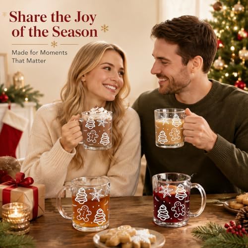 LemonRoad 4 Pcs Christmas Glass Coffee Mugs 12 oz Gingerbread Cups - Image 5